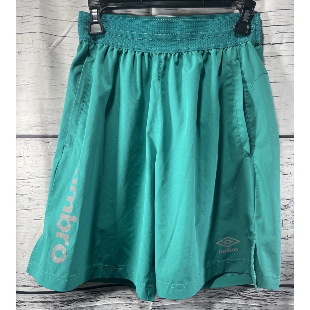 Umbro Shorts Athletic Small Teal Green Reflective Logo Elastic Waist‎ Soccer